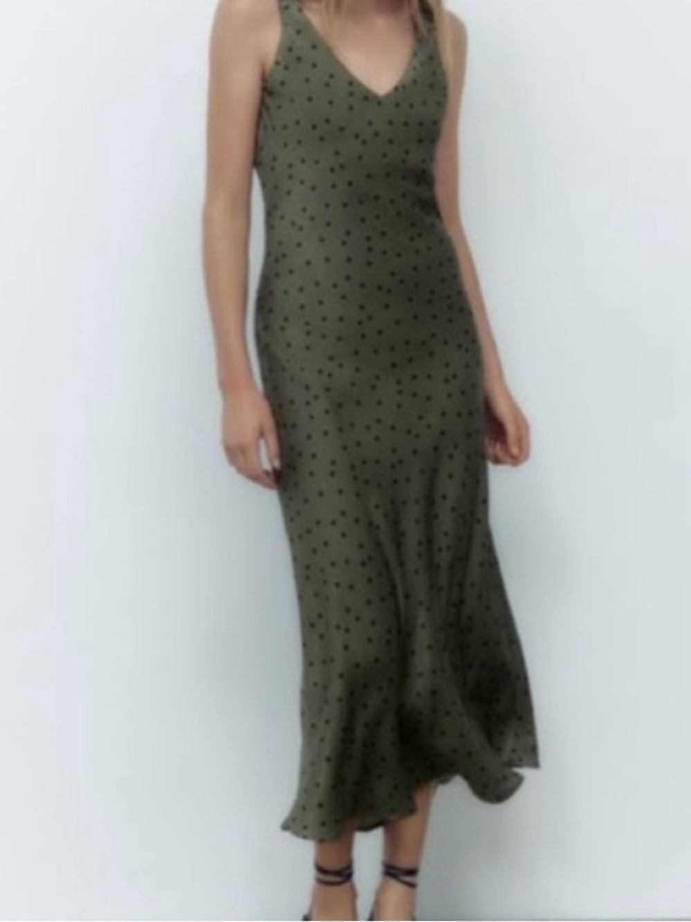 Zara Olive Green Polka Dot Midi Slip Dress M Boho Satin Fairy Whimsical